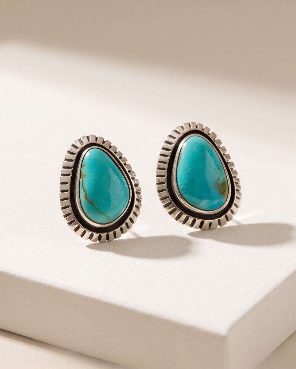 Handcrafted Kingman Turquoise Stud Earrings Sterling Silver 925